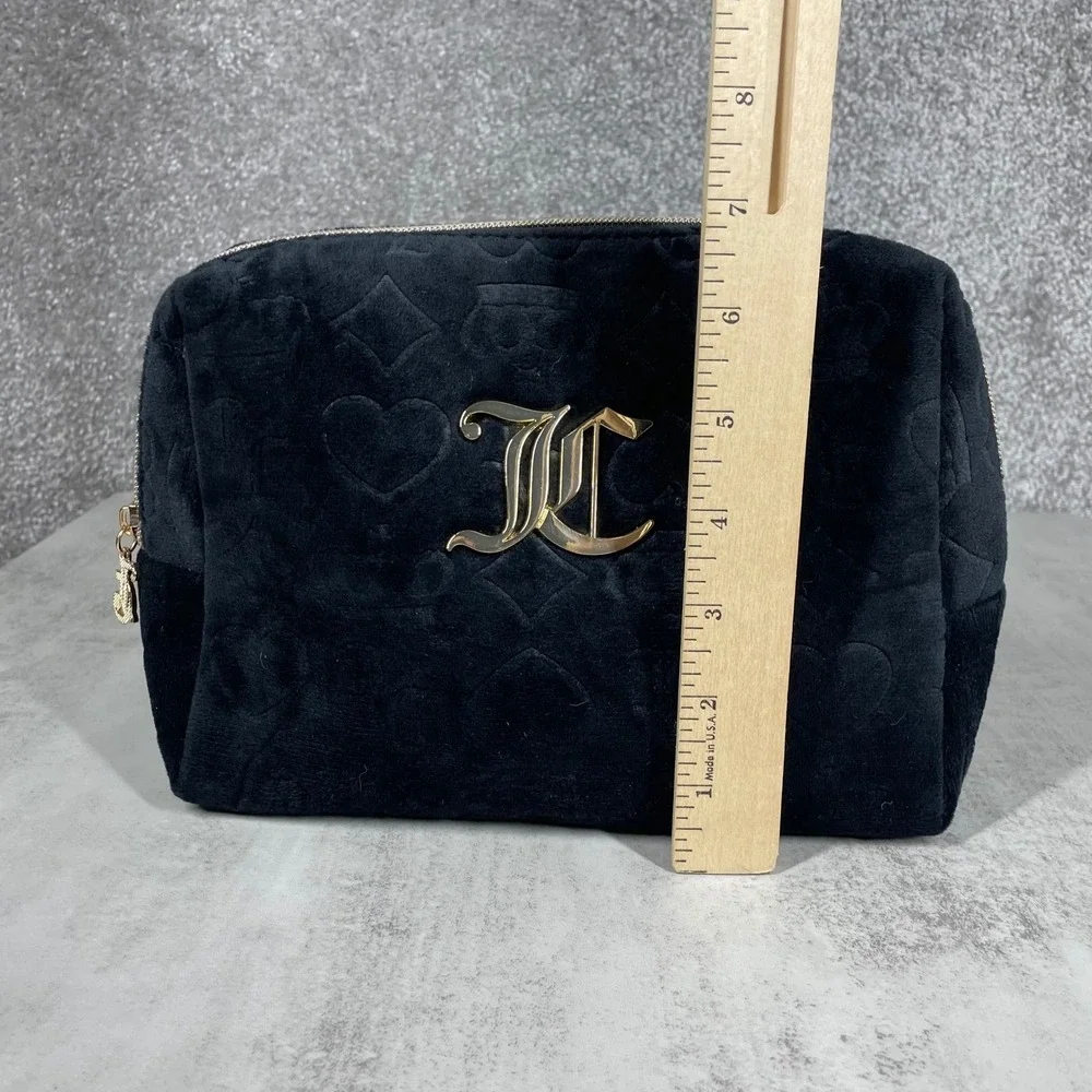 Juicy Couture Velour Makeup Bag Y2K Embossed Monogram Cosmetic Pouch Black Gold